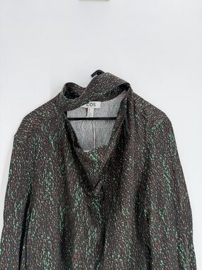 Cos Scarf Detail Printed Cowl Neck Draped Midi Long Sleeve Dress In Black